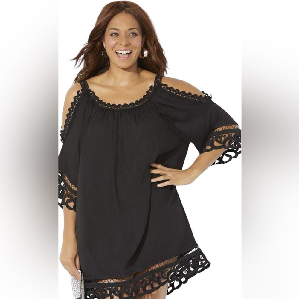NWT Swimsuits ForAll Vera Crochet Cold Shoulder Cover Up Dress Black Size 14-16